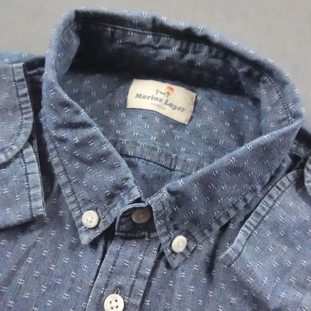 Marine Layer Chambray Dot Dobby Weave Long Sleeve Men Shirt M Coastal Preppy
